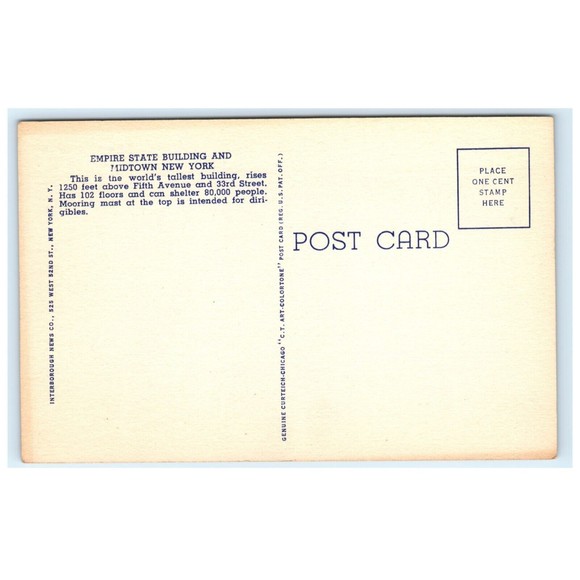 Vintage Postcard Empire State Building New York City Unposted Curteich Linen - Picture 2 of 2